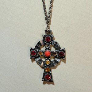 Heavy Gothic Maltese Style Red and Orange Jeweled Cross Pendant Necklace